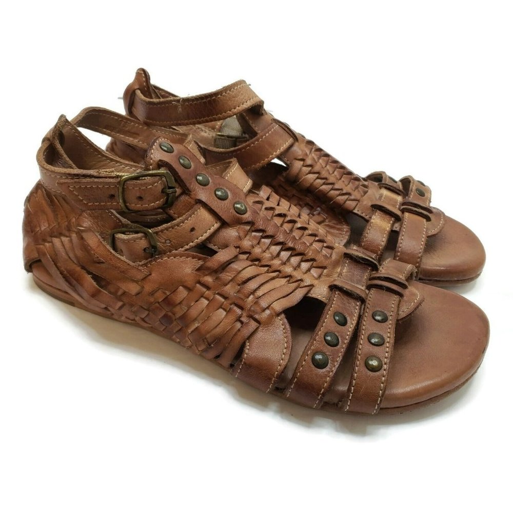 Bed Stu Womens Leather Sandals Size 7.5 Brown Studded Woven Strappy Bohemian